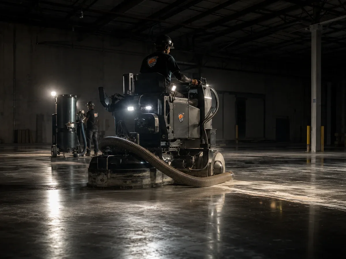 Crew grinding a commercial warehouse floor during a night shift