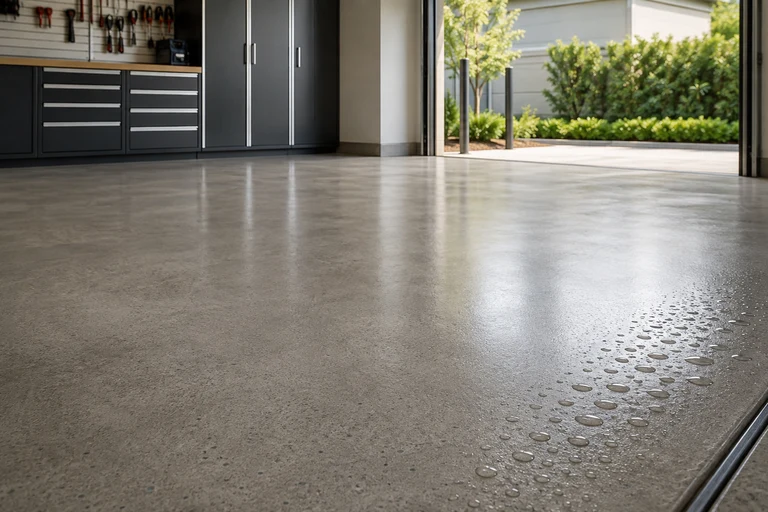 Mottled reddish-brown acid-stained concrete floor in a living room
